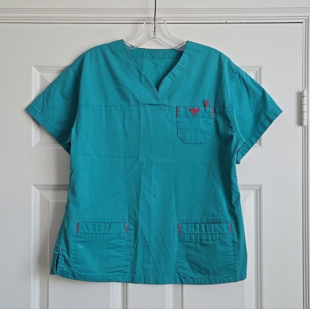 Teal Scrub Top with Pink Embroidery